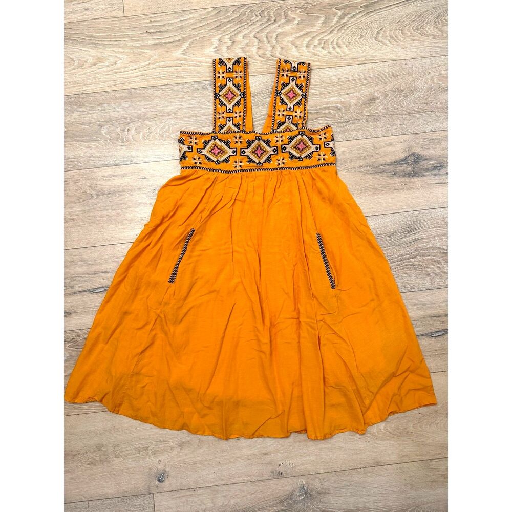 Anthropologie Teofila Embroidered‎ Swing Dress Women’s Small Mustard Yellow Boho